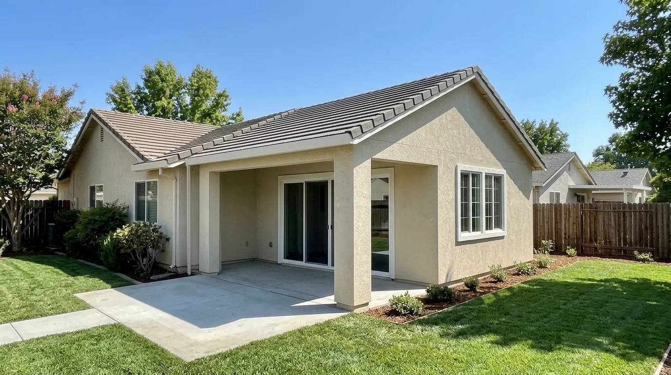 Completed room addition matching the original home with new patio
