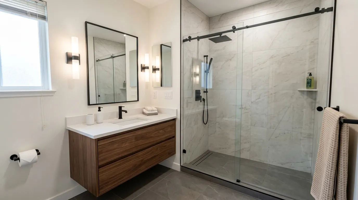 Renovated bathroom with floating walnut vanity and frameless walk-in shower