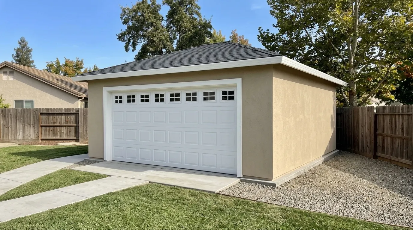 Finished detached two-car garage with stucco walls and new driveway