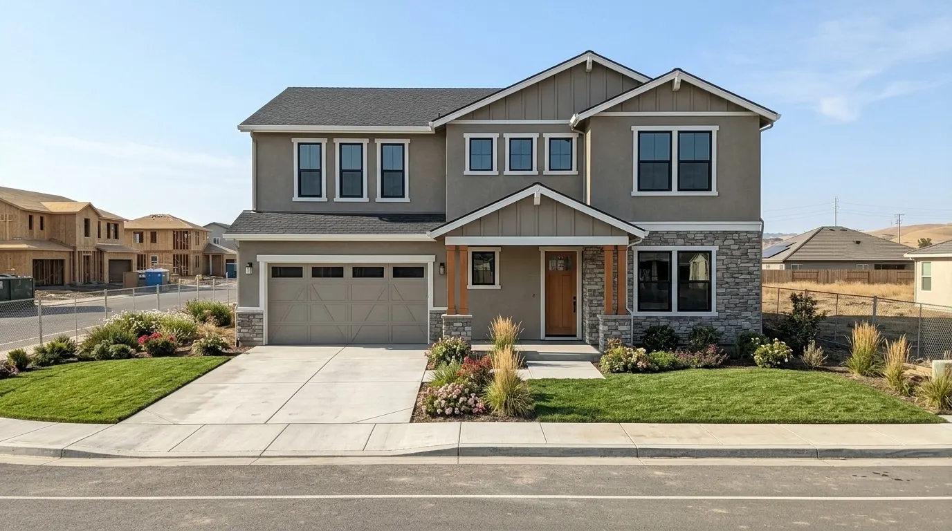 Completed two-story custom home with landscaped front yard