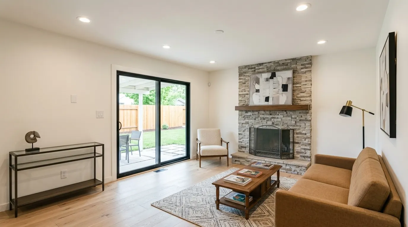 Bright remodeled living room with oak floors and stone fireplace