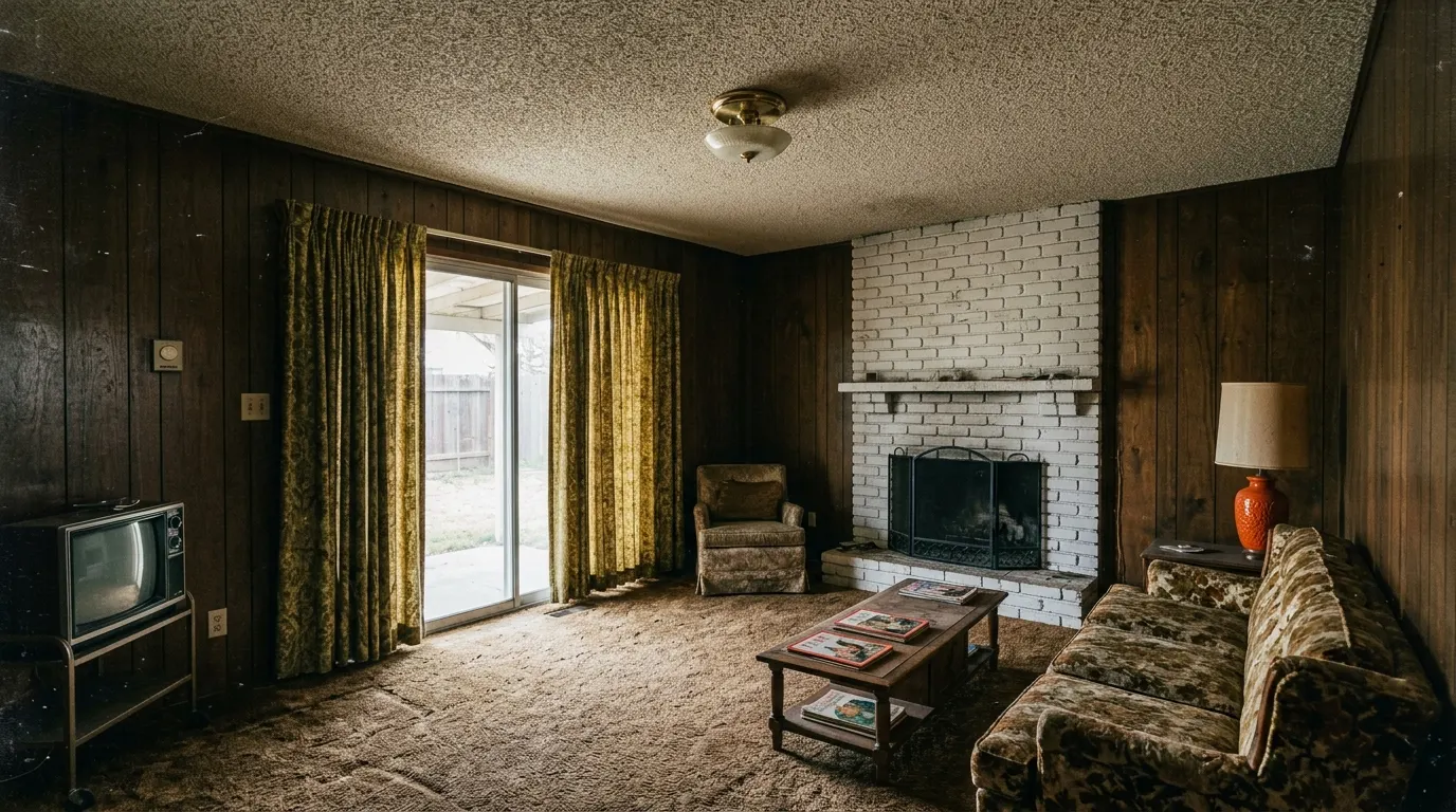 Dated living room with wood paneling and worn carpet before remodel