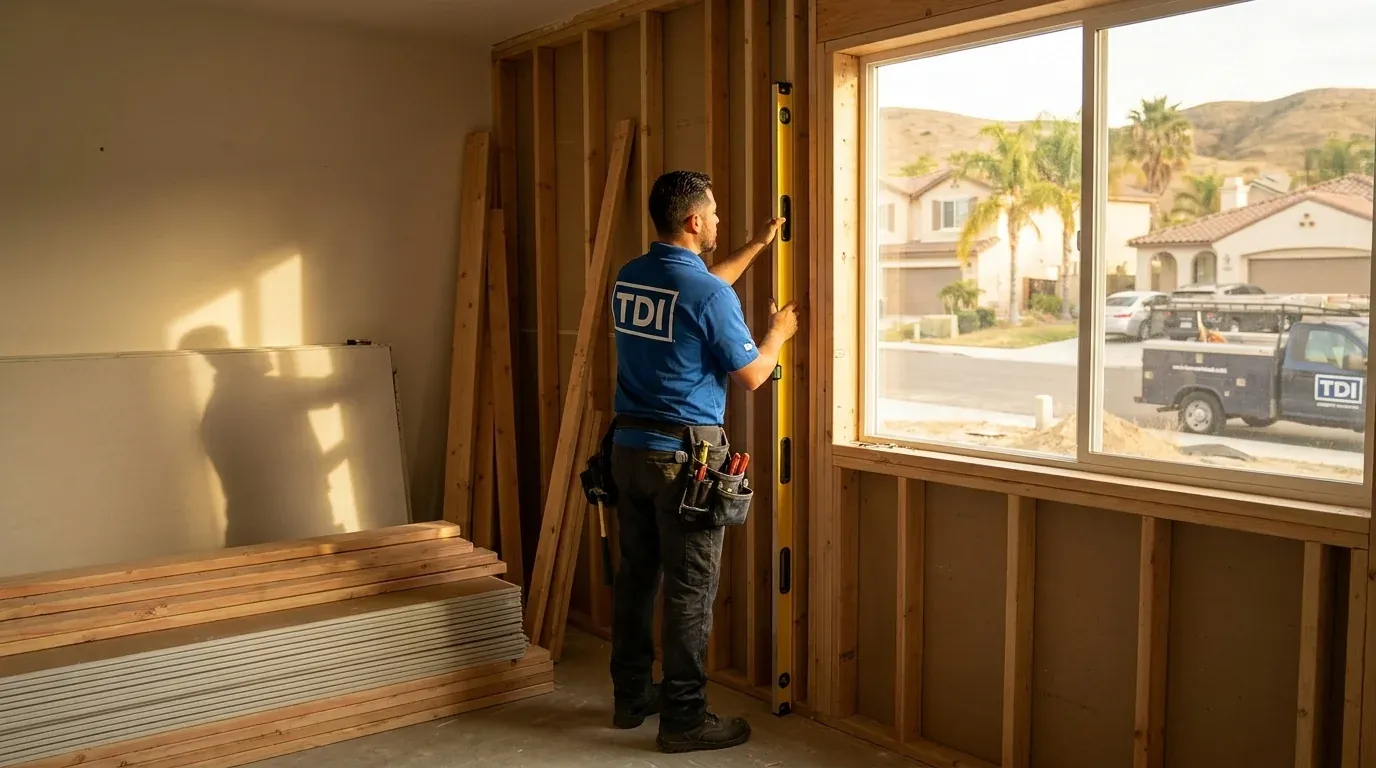 Contractor framing new walls during a fire damage rebuild in Sacramento